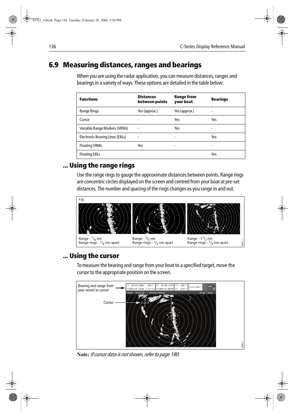 9 measuring distances, ranges and bearings, Using the range rings, Using the cursor | If cursor data is not shown, refer to page 180 | Raymarine C Series User Manual | Page 150 / 244