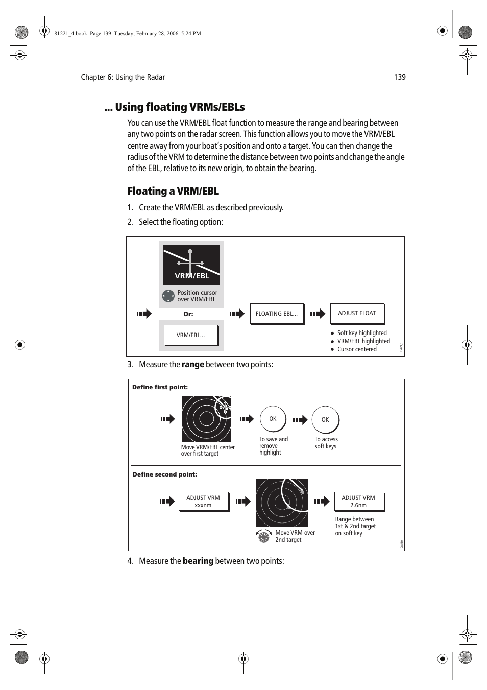Using floating vrms/ebls, Floating a vrm/ebl, Measure the range between two points | Measure the bearing between two points | Raymarine C Series User Manual | Page 153 / 244