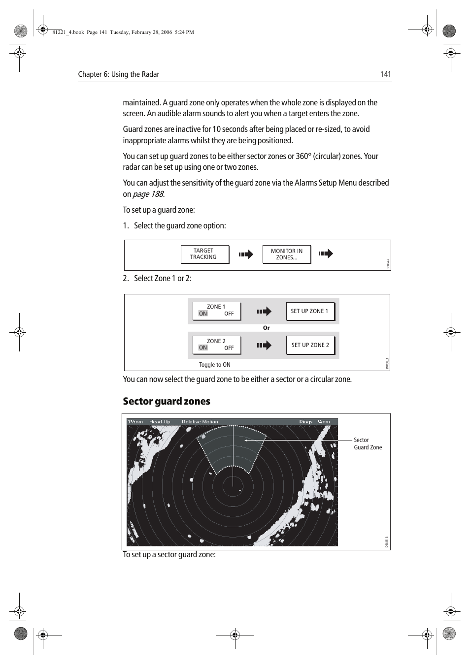 Sector guard zones, Page 188, Select zone 1 or 2 | Raymarine C Series User Manual | Page 155 / 244