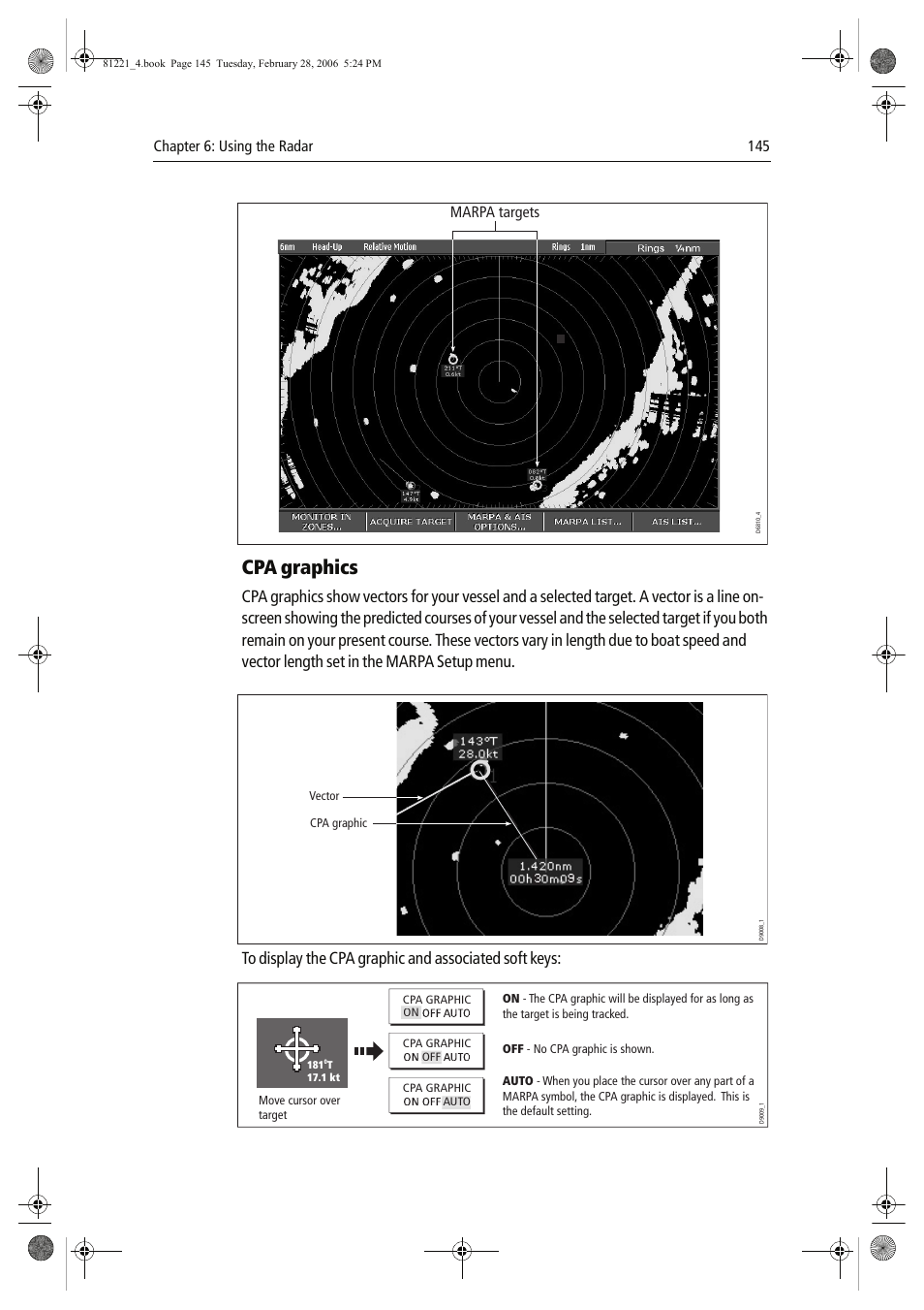 Cpa graphics, Marpa targets, Chapter 6: using the radar 145 | Raymarine C Series User Manual | Page 159 / 244