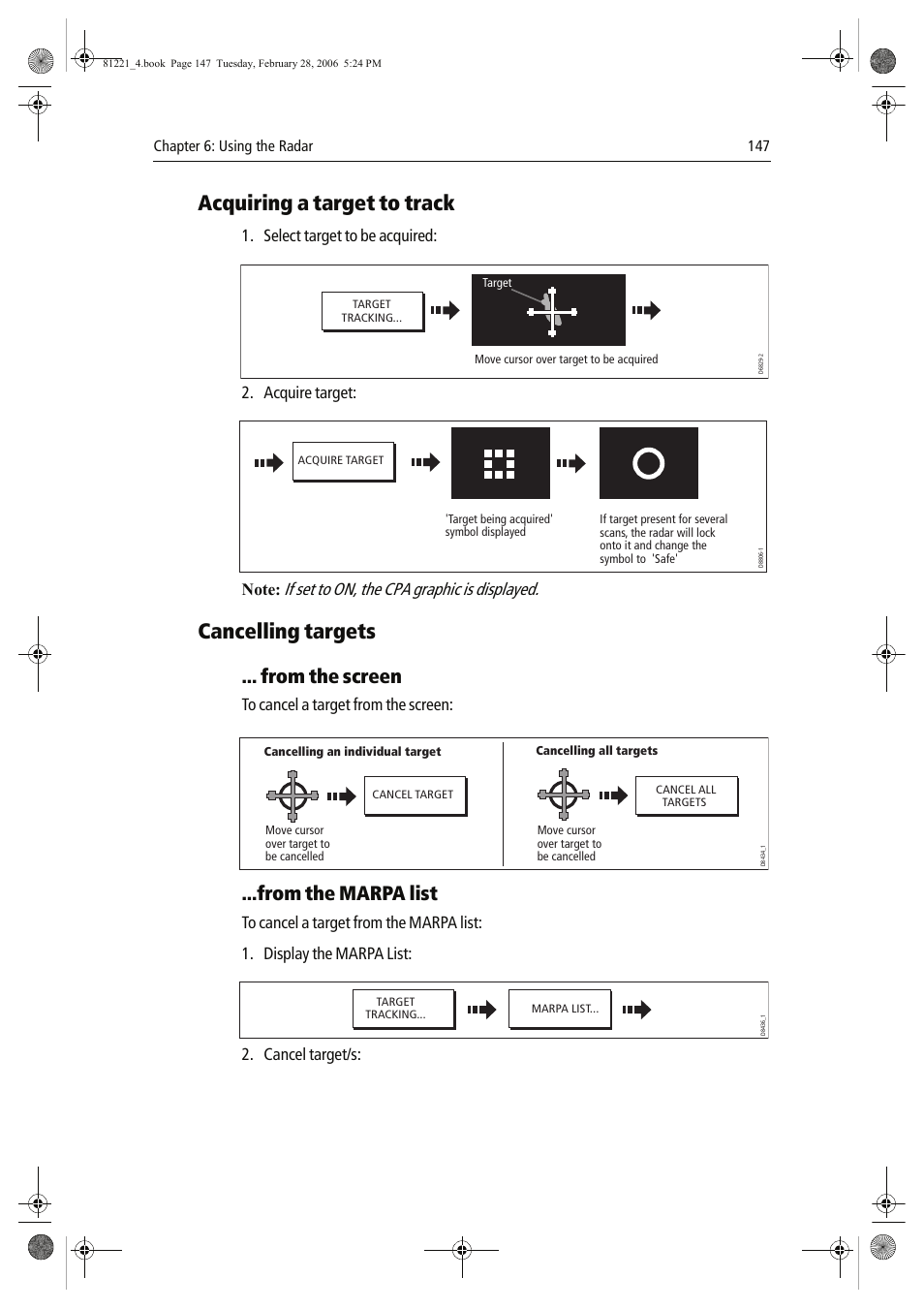 Acquiring a target to track, Cancelling targets, If set to on, the cpa graphic is displayed | Select target to be acquired, Acquire target, Cancel target/s | Raymarine C Series User Manual | Page 161 / 244