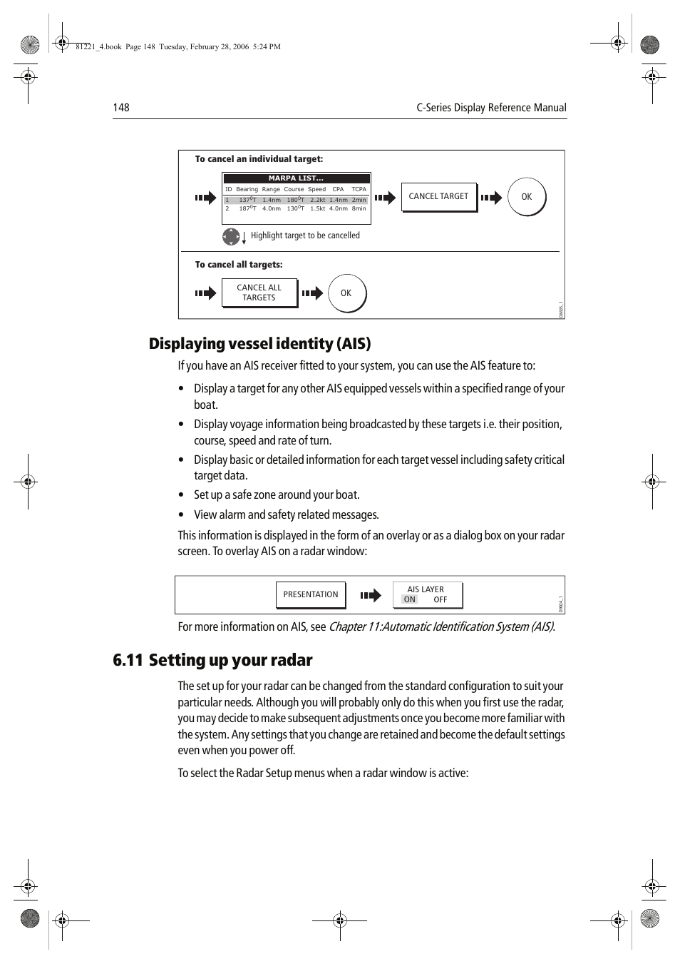 11 setting up your radar, Displaying vessel identity (ais), Chapter 11:automatic identification system (ais) | For more information on ais, see | Raymarine C Series User Manual | Page 162 / 244