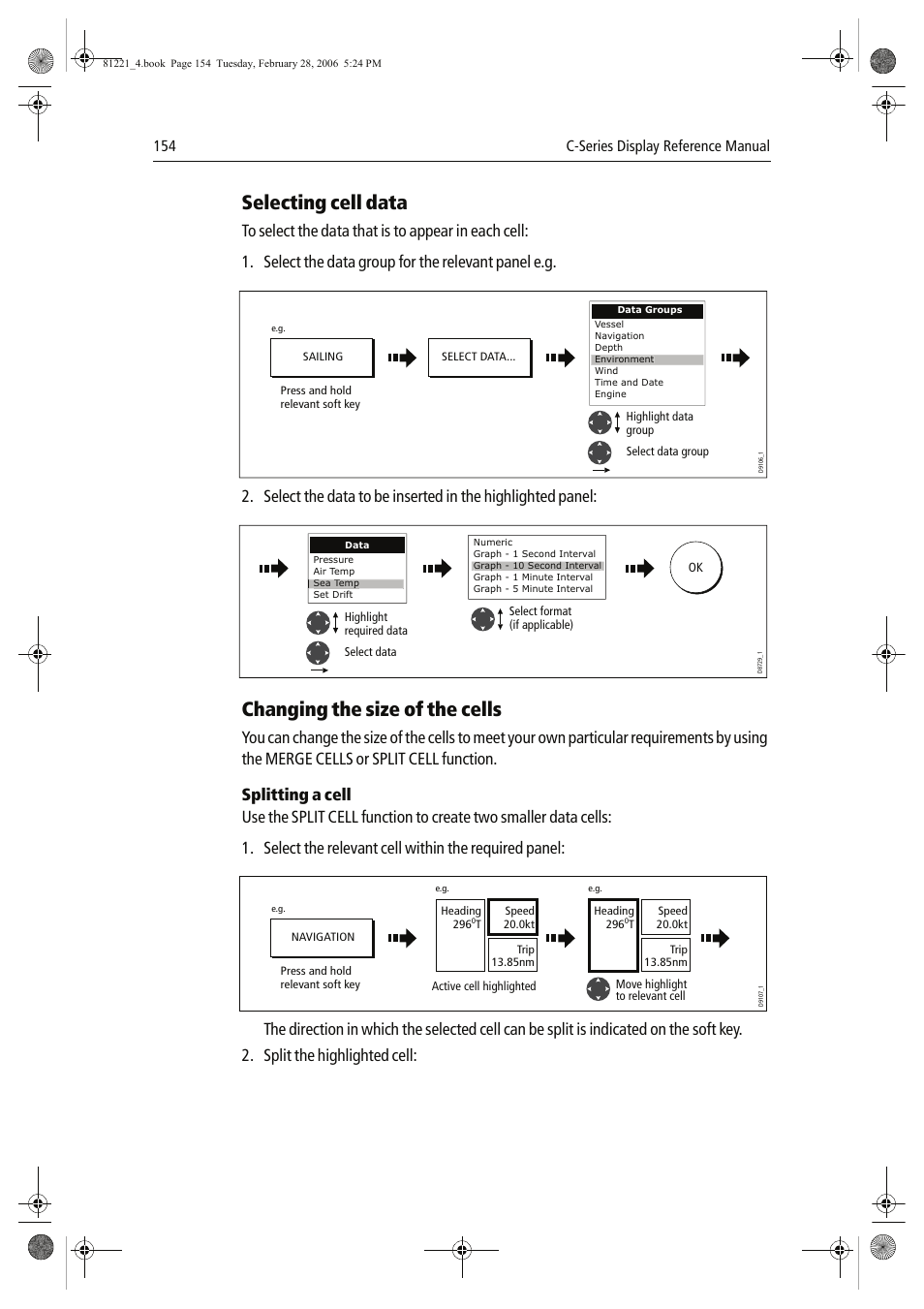 Selecting cell data, Changing the size of the cells, 154 c-series display reference manual | Raymarine C Series User Manual | Page 168 / 244