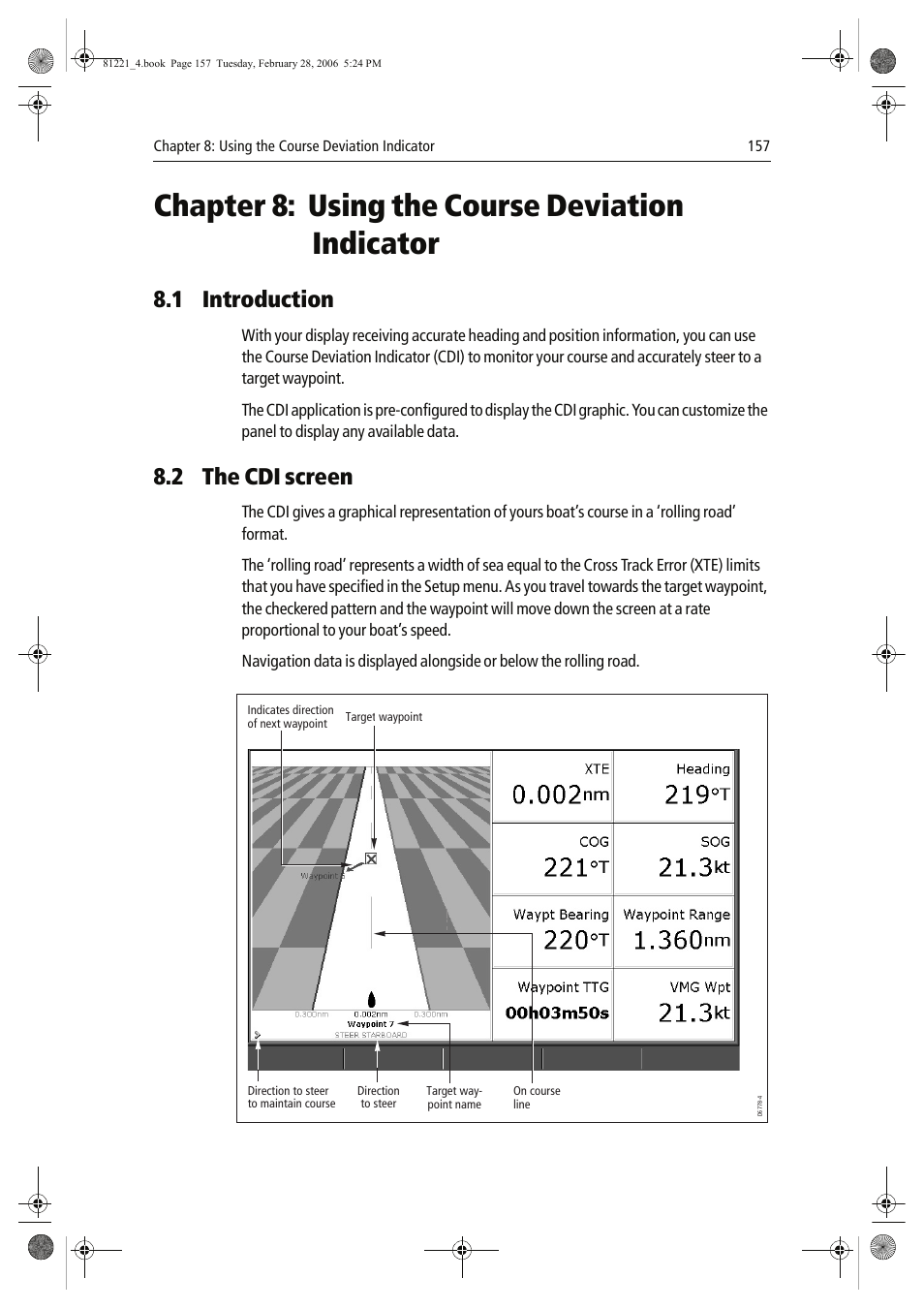Chapter 8: using the course deviation indicator, 1 introduction, 2 the cdi screen | Raymarine C Series User Manual | Page 171 / 244