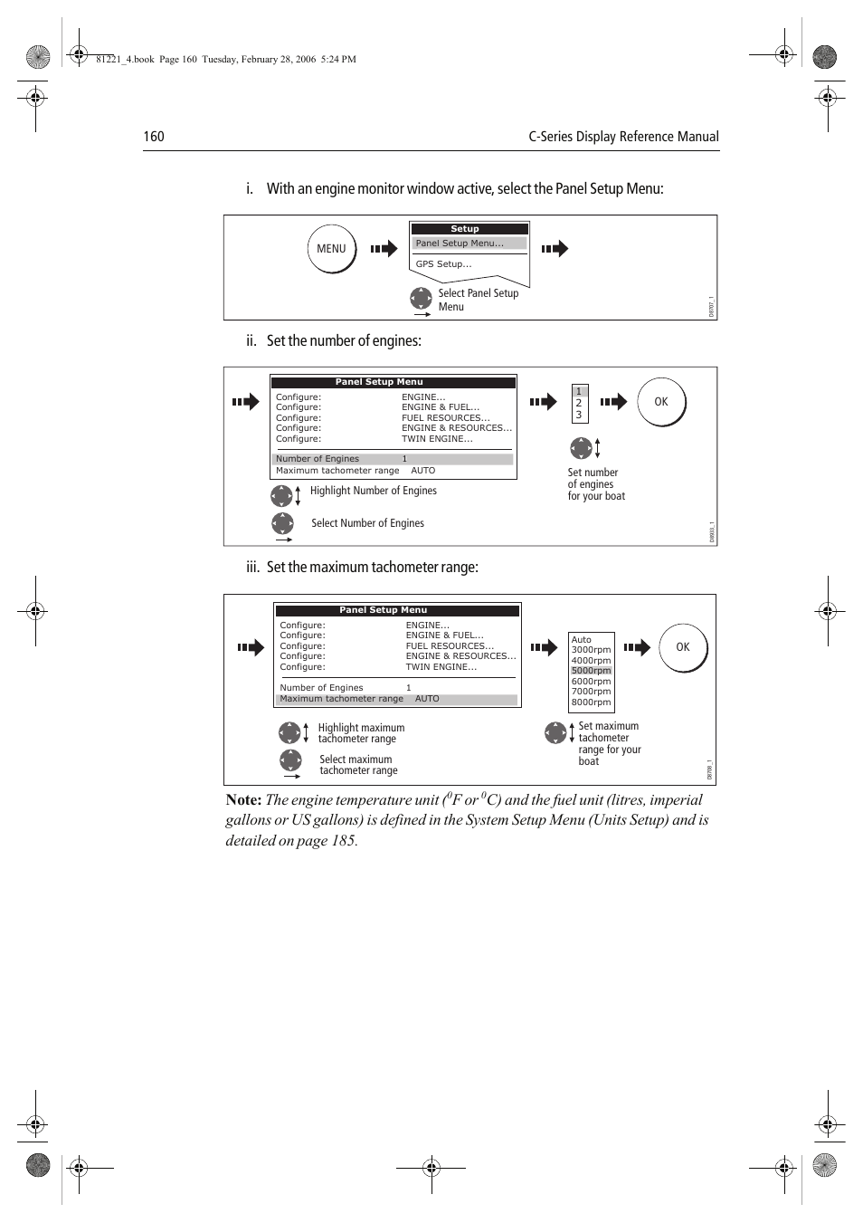 Ii. set the number of engines, Iii. set the maximum tachometer range, F or | 160 c-series display reference manual | Raymarine C Series User Manual | Page 174 / 244
