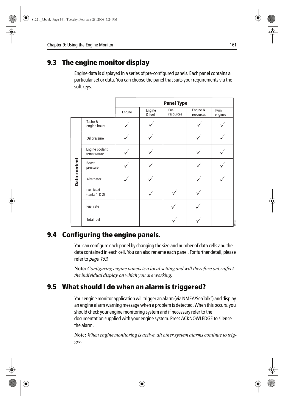 3 the engine monitor display, 4 configuring the engine panels, 5 what should i do when an alarm is triggered | Page 153 | Raymarine C Series User Manual | Page 175 / 244