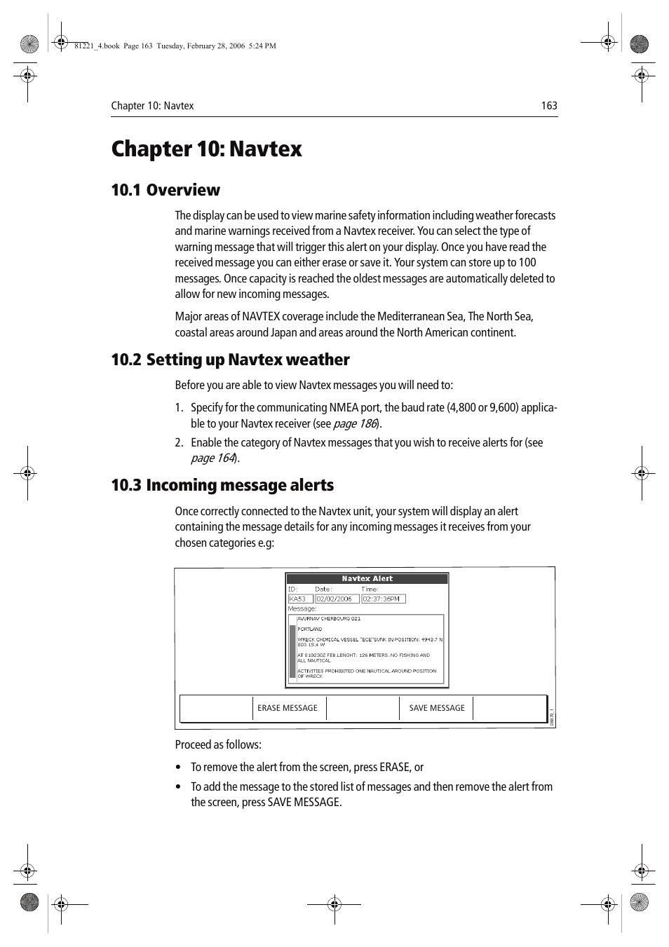 Chapter 10: navtex, 1 overview, 2 setting up navtex weather | 3 incoming message alerts | Raymarine C Series User Manual | Page 177 / 244