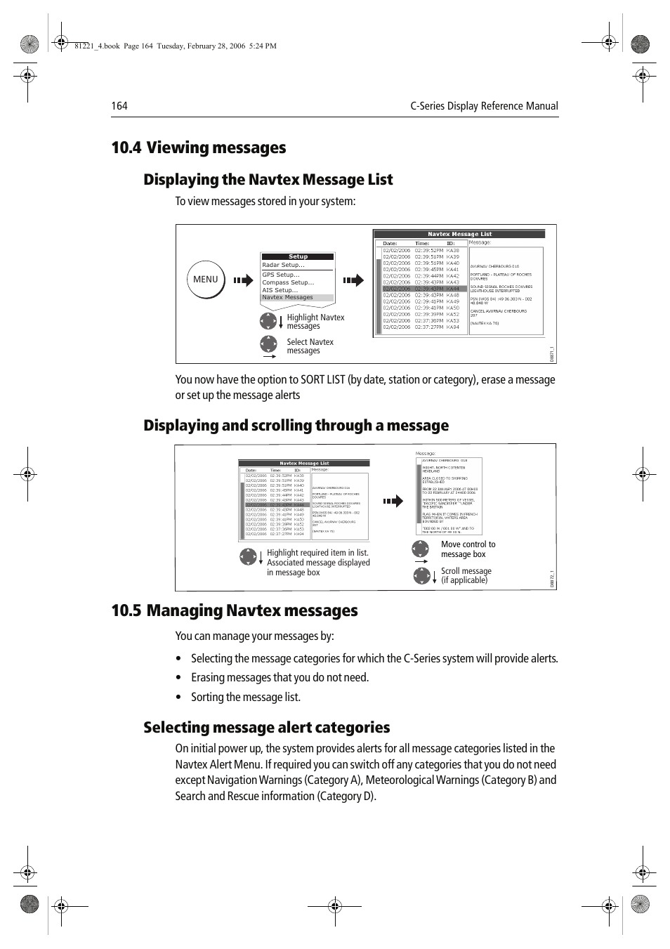 4 viewing messages, 5 managing navtex messages, Displaying the navtex message list | Displaying and scrolling through a message, Selecting message alert categories | Raymarine C Series User Manual | Page 178 / 244