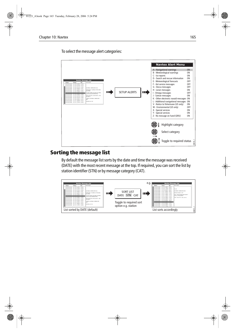 Sorting the message list | Raymarine C Series User Manual | Page 179 / 244
