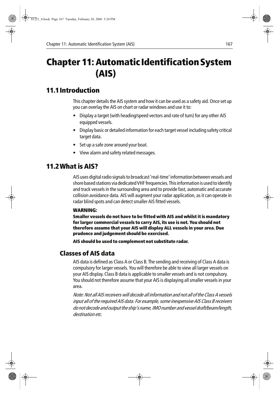 Chapter 11: automatic identification system (ais), 1introduction, 2what is ais | Classes of ais data | Raymarine C Series User Manual | Page 181 / 244