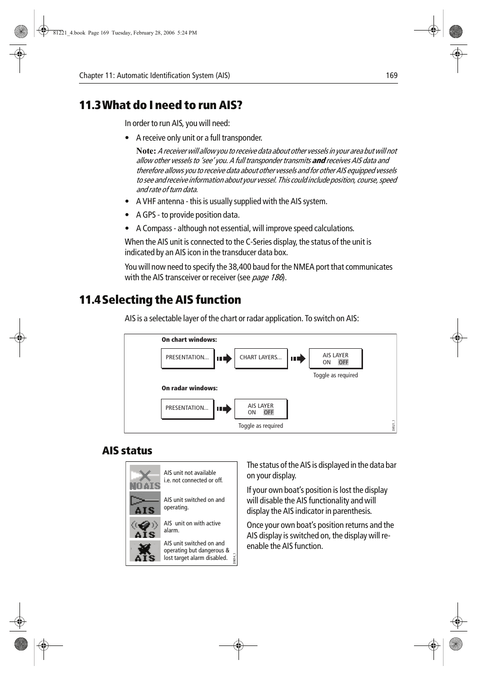 3what do i need to run ais, 4selecting the ais function, Ais status | Page 186 | Raymarine C Series User Manual | Page 183 / 244