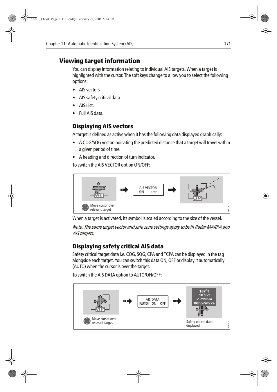 Viewing target information, Displaying ais vectors, Displaying safety critical ais data | Raymarine C Series User Manual | Page 185 / 244