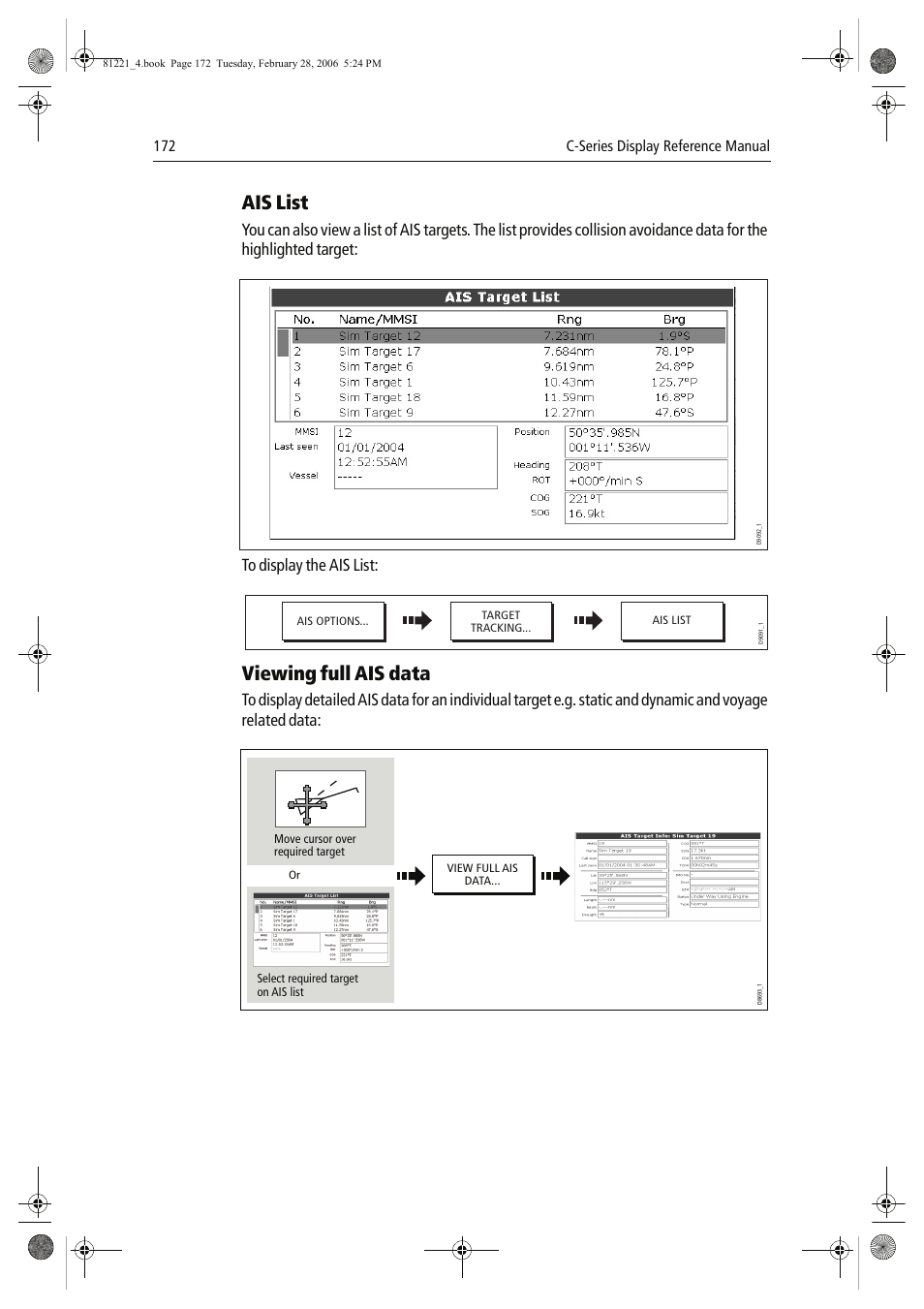 Ais list, Viewing full ais data | Raymarine C Series User Manual | Page 186 / 244