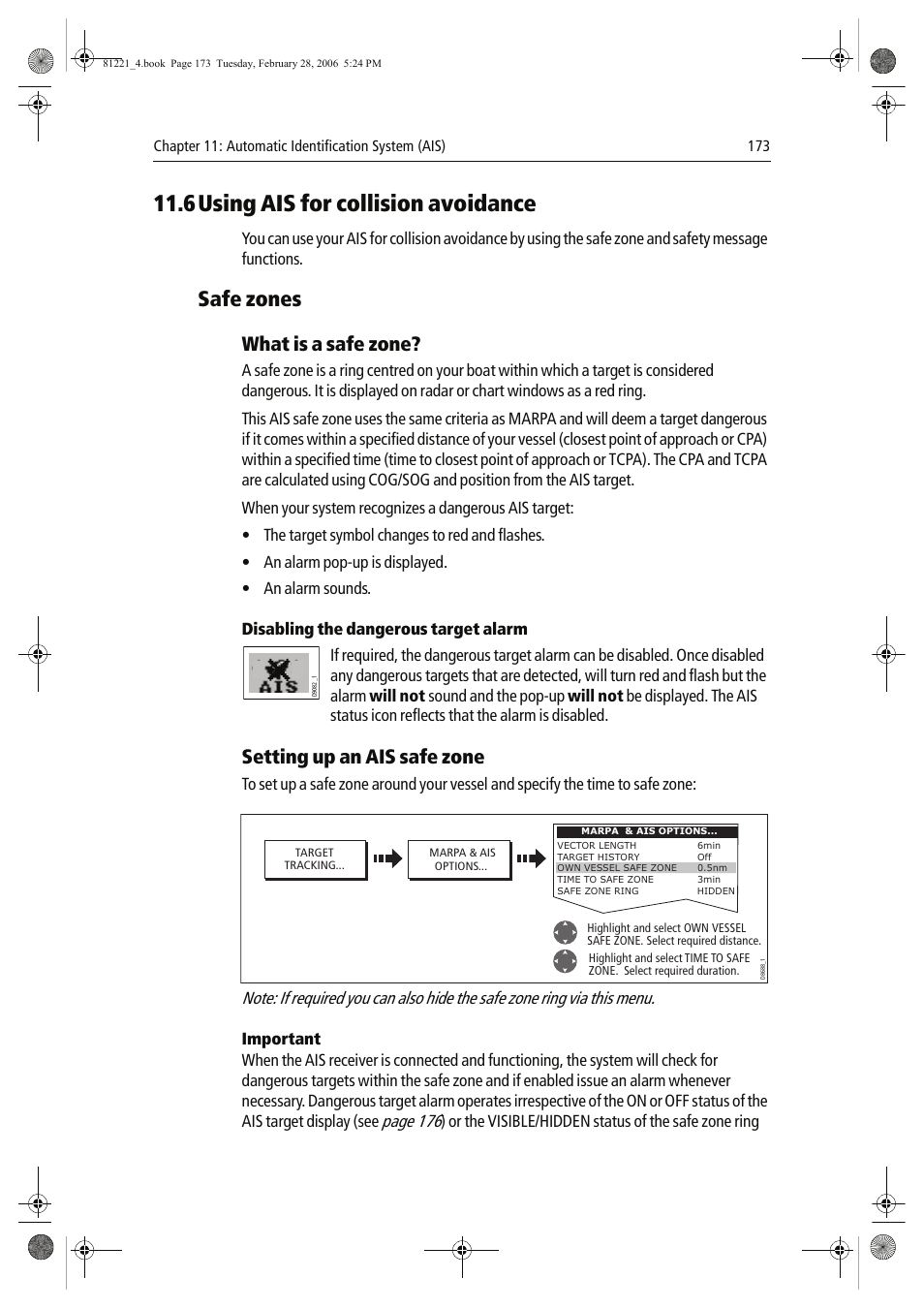 6using ais for collision avoidance, Safe zones, What is a safe zone | Setting up an ais safe zone, Page 176, Or the visible/hidden status of the safe zone ring | Raymarine C Series User Manual | Page 187 / 244