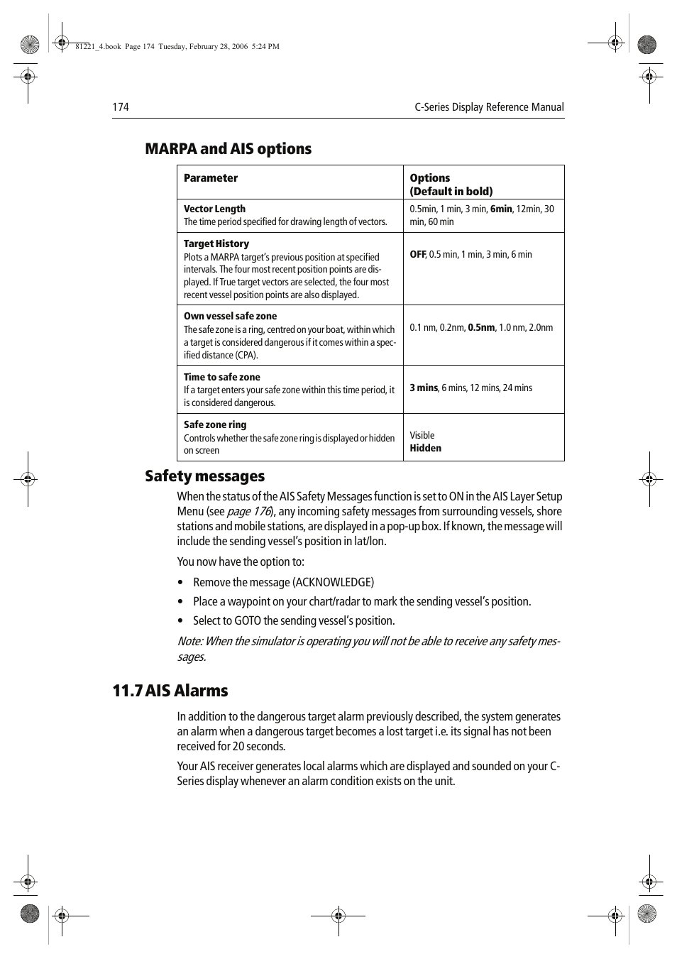 7ais alarms, Marpa and ais options, Safety messages | Raymarine C Series User Manual | Page 188 / 244