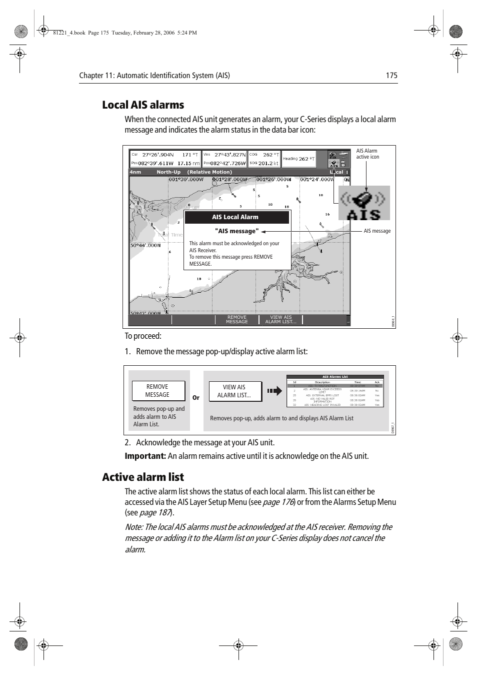 Local ais alarms, Active alarm list, Page 176 | Page 187, Or from the alarms setup menu (see | Raymarine C Series User Manual | Page 189 / 244