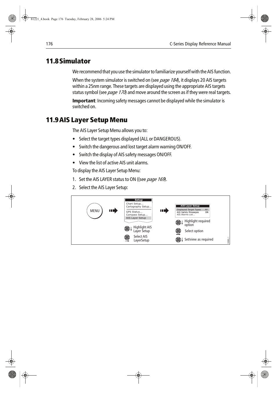 8simulator, 9ais layer setup menu, Page 184 | Page 170, Page 169, Select the ais layer setup | Raymarine C Series User Manual | Page 190 / 244