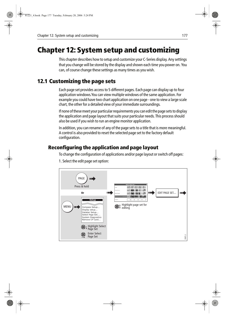 Chapter 12: system setup and customizing, 1 customizing the page sets, Reconfiguring the application and page layout | Raymarine C Series User Manual | Page 191 / 244