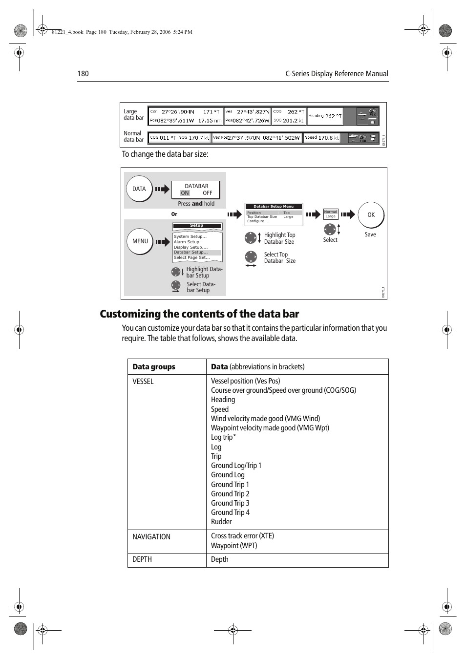 Customizing the contents of the data bar, 180 c-series display reference manual | Raymarine C Series User Manual | Page 194 / 244