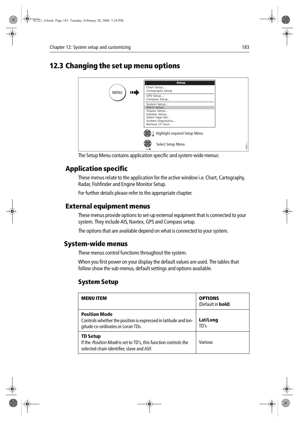 3 changing the set up menu options, Application specific, External equipment menus | System-wide menus, System setup | Raymarine C Series User Manual | Page 197 / 244