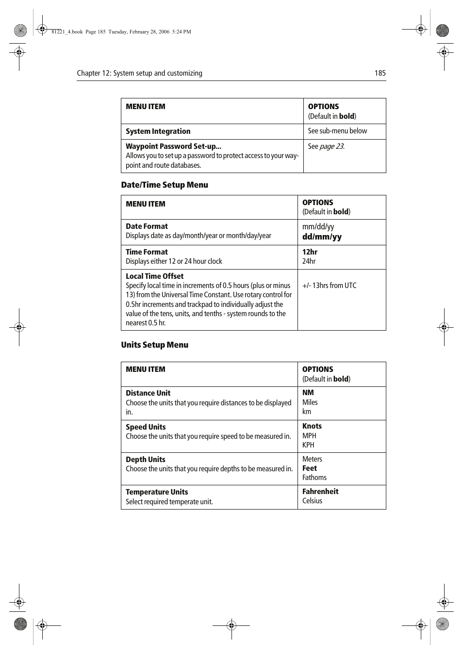Date/time setup menu, Units setup menu, Mm/dd/yy dd/mm/yy | Page 23 | Raymarine C Series User Manual | Page 199 / 244