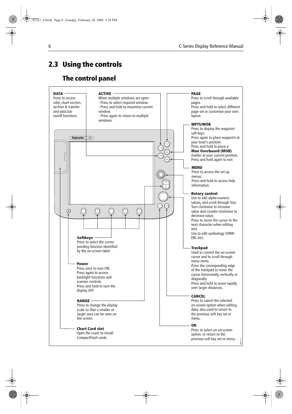 3 using the controls, The control panel, 6c-series display reference manual | Raymarine C Series User Manual | Page 20 / 244