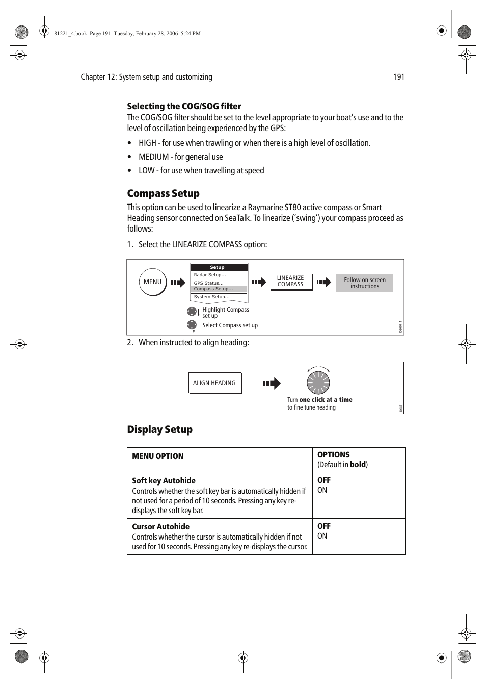 Compass setup, Display setup, When instructed to align heading | Raymarine C Series User Manual | Page 205 / 244