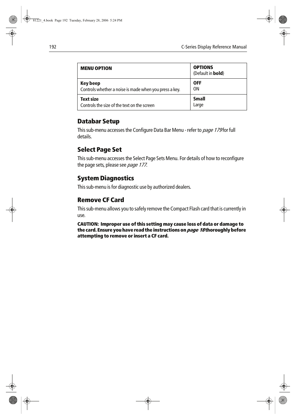 Databar setup, Select page set, System diagnostics | Remove cf card | Raymarine C Series User Manual | Page 206 / 244