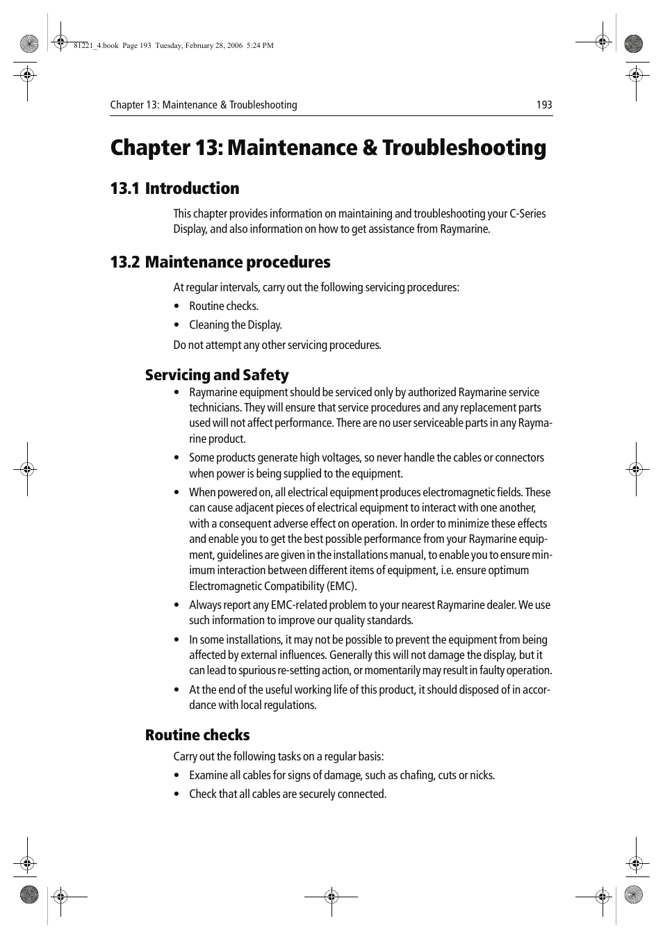 Chapter 13: maintenance & troubleshooting, 1 introduction, 2 maintenance procedures | Servicing and safety, Routine checks | Raymarine C Series User Manual | Page 207 / 244