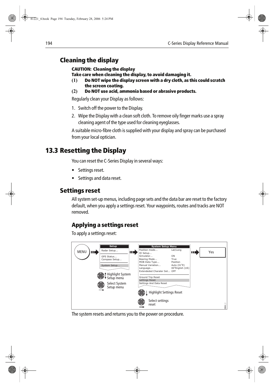 3 resetting the display, Cleaning the display, Settings reset | Applying a settings reset | Raymarine C Series User Manual | Page 208 / 244