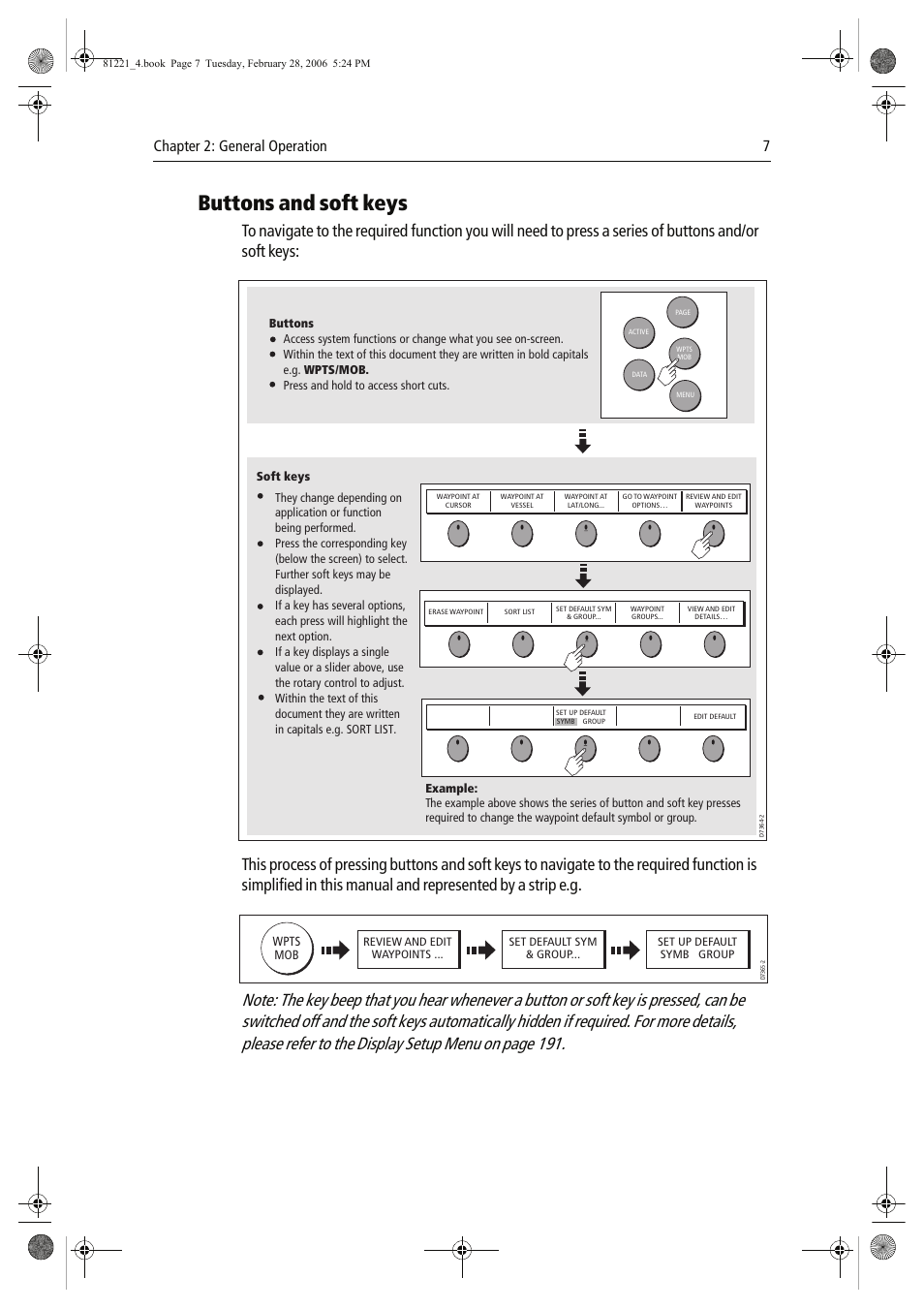 Buttons and soft keys, Chapter 2: general operation 7, Wpts mob | Raymarine C Series User Manual | Page 21 / 244