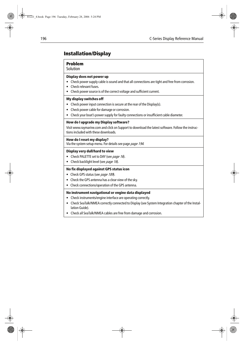 Installation/display, Problem solution | Raymarine C Series User Manual | Page 210 / 244