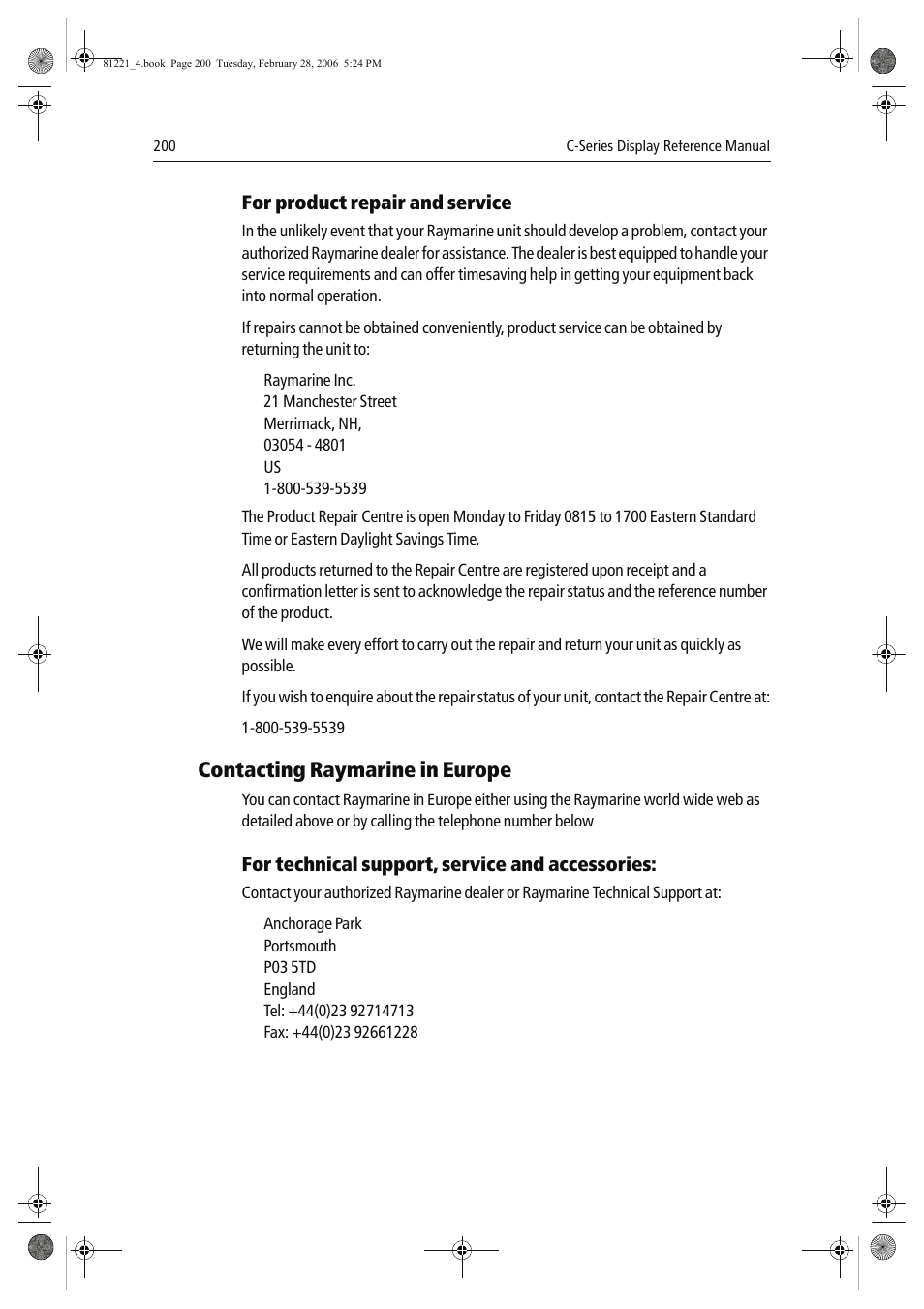 Contacting raymarine in europe | Raymarine C Series User Manual | Page 214 / 244