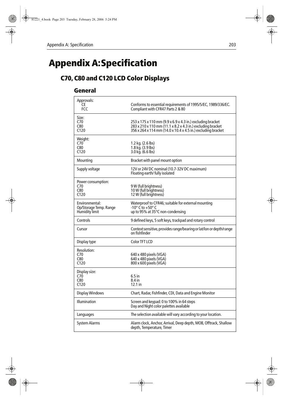 Appendix a:specification, General | Raymarine C Series User Manual | Page 217 / 244