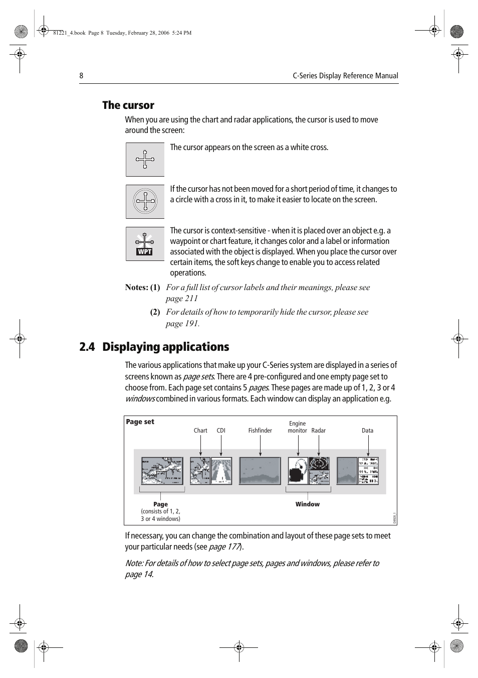 4 displaying applications, The cursor, Page sets | Pages, Windows, Page 177 | Raymarine C Series User Manual | Page 22 / 244