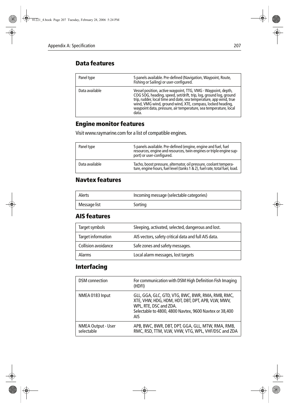 Data features, Engine monitor features, Navtex features | Ais features, Interfacing | Raymarine C Series User Manual | Page 221 / 244