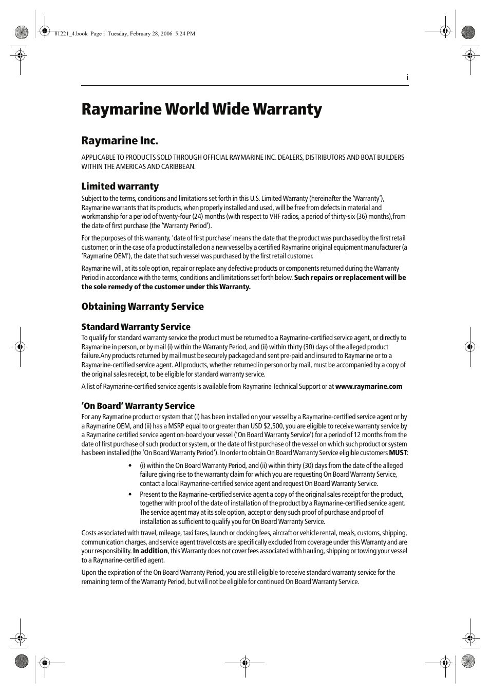 Raymarine world wide warranty, Raymarine inc | Raymarine C Series User Manual | Page 239 / 244