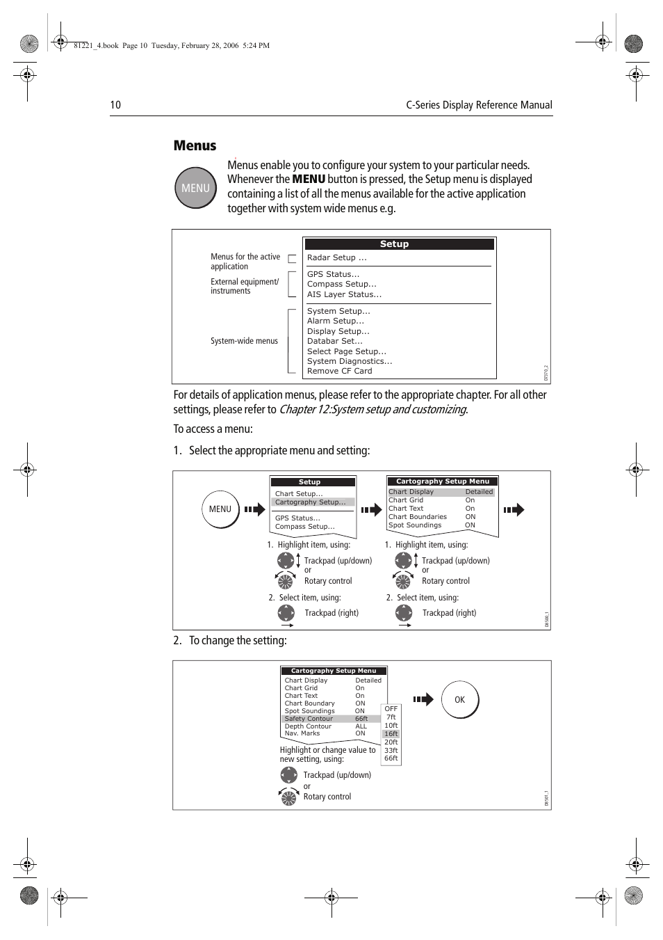 Menus, Chapter 12:system setup and customizing, Menu | 10 c-series display reference manual | Raymarine C Series User Manual | Page 24 / 244