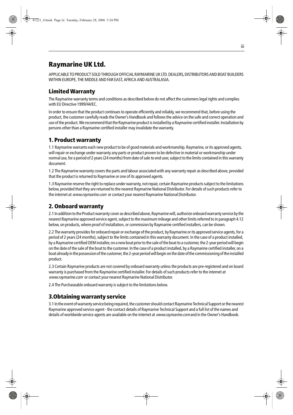 Raymarine uk ltd, Limited warranty, Product warranty | Onboard warranty, Obtaining warranty service | Raymarine C Series User Manual | Page 241 / 244