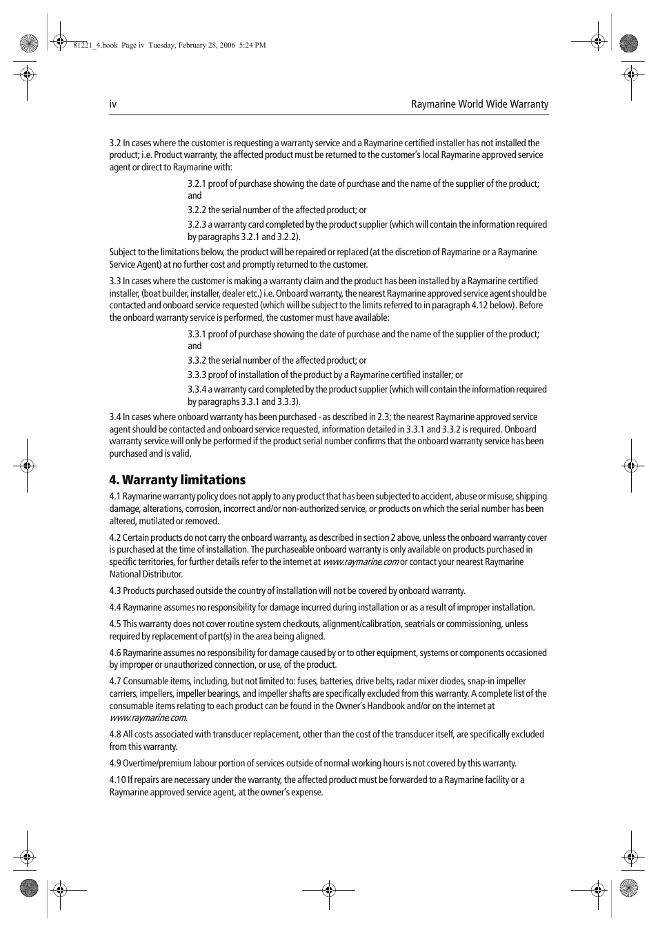 Warranty limitations | Raymarine C Series User Manual | Page 242 / 244