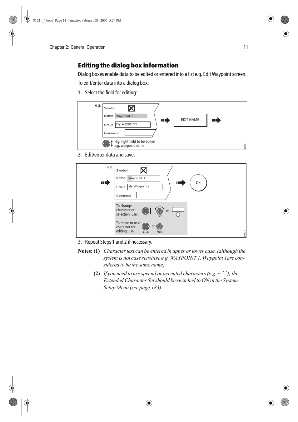Editing the dialog box information, Edit/enter data and save | Raymarine C Series User Manual | Page 25 / 244
