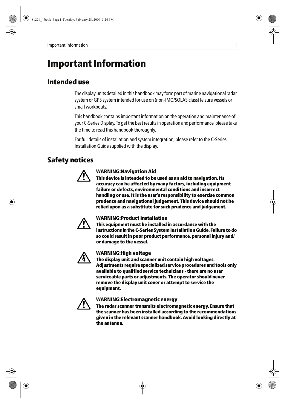 Important information, Intended use, Safety notices | Raymarine C Series User Manual | Page 3 / 244