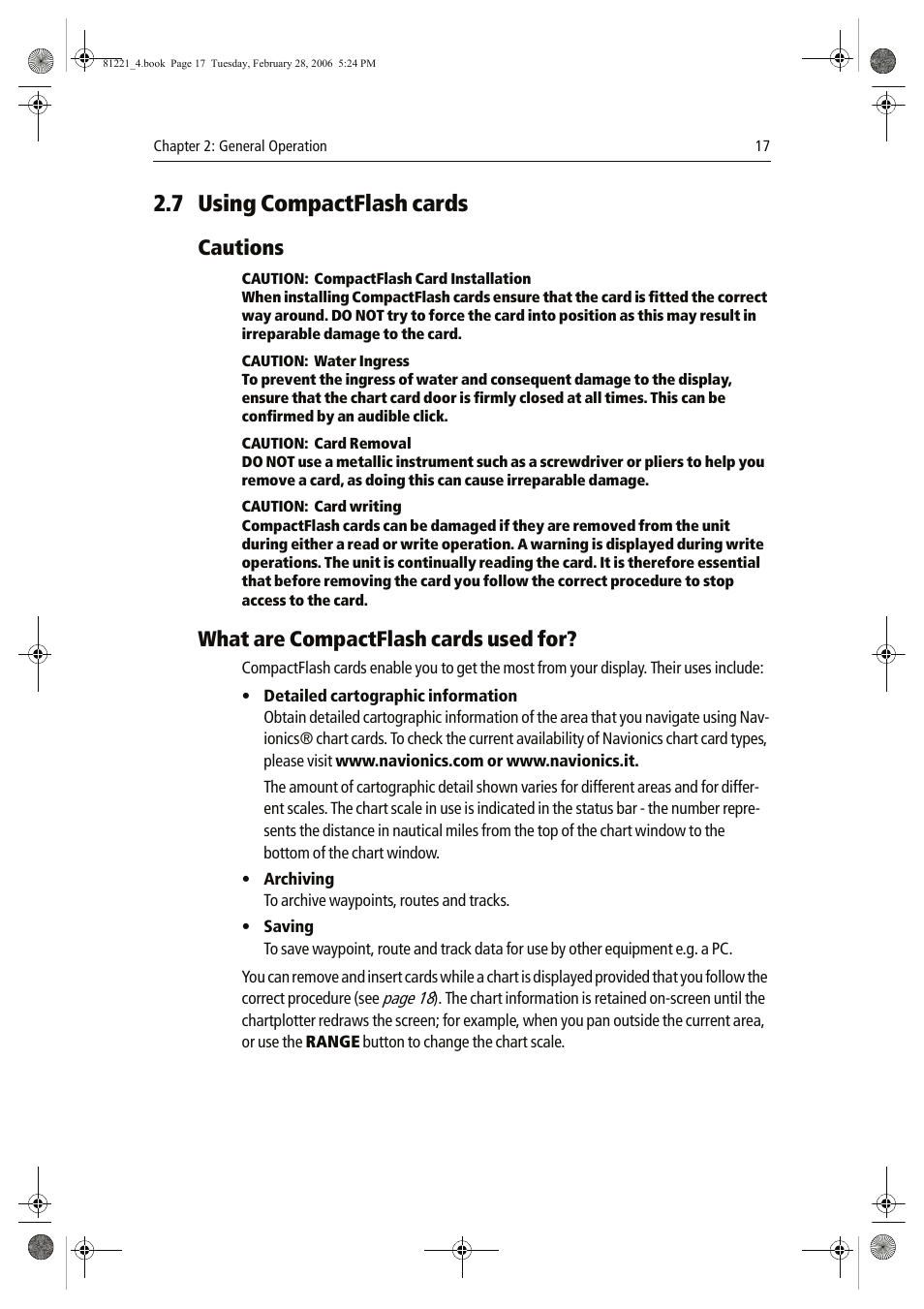 7 using compactflash cards, Cautions, What are compactflash cards used for | Raymarine C Series User Manual | Page 31 / 244
