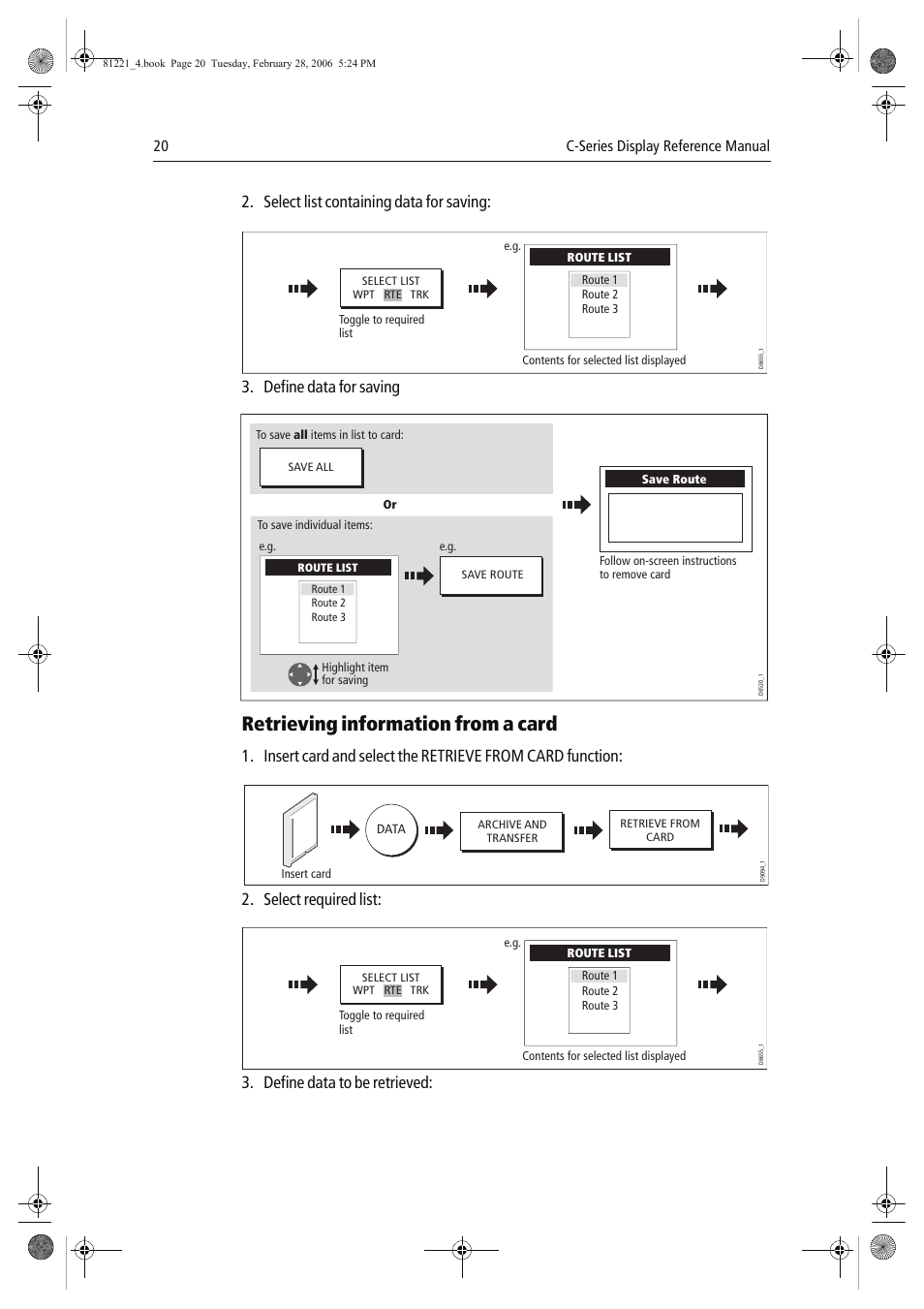 Retrieving information from a card, Select list containing data for saving, Define data for saving | Select required list, Define data to be retrieved | Raymarine C Series User Manual | Page 34 / 244