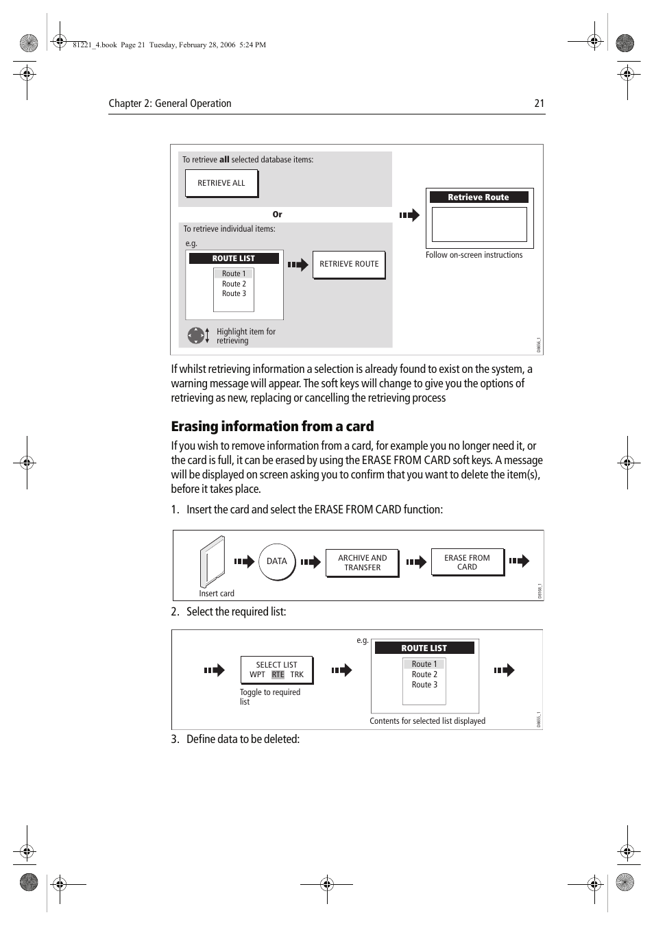 Erasing information from a card, Select the required list, Define data to be deleted | Raymarine C Series User Manual | Page 35 / 244