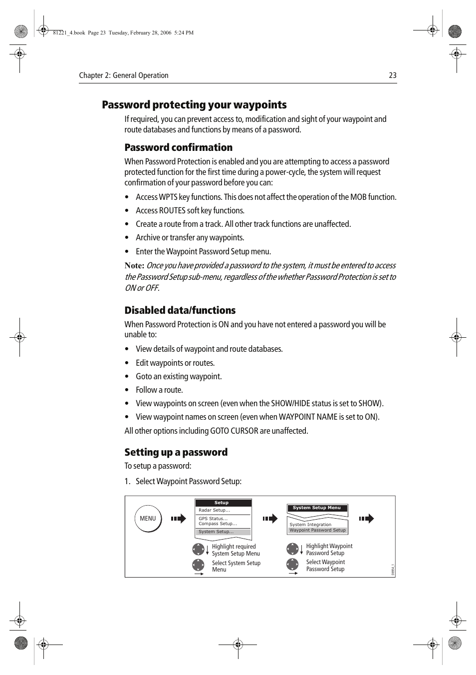 Password protecting your waypoints, Password confirmation, Disabled data/functions | Setting up a password | Raymarine C Series User Manual | Page 37 / 244