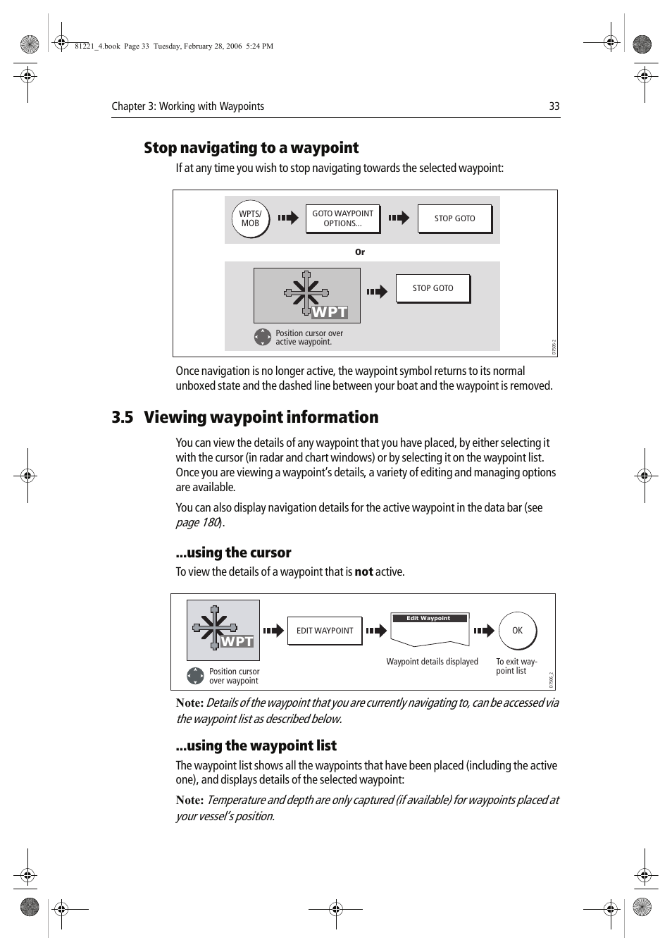 5 viewing waypoint information, Stop navigating to a waypoint, Using the cursor | Using the waypoint list, Page 180 | Raymarine C Series User Manual | Page 47 / 244
