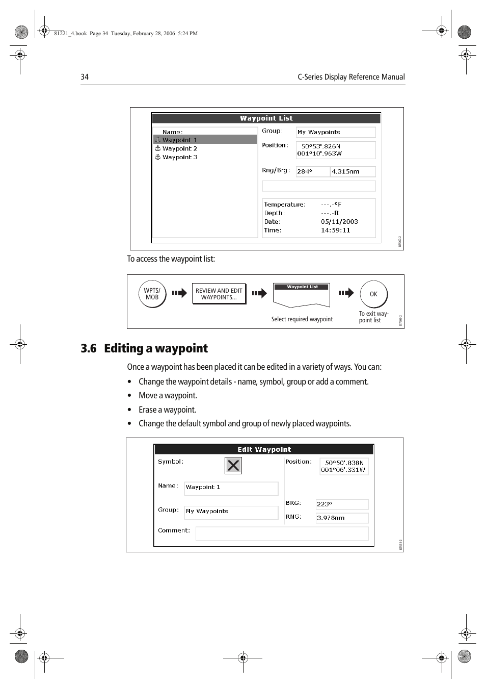 6 editing a waypoint, 34 c-series display reference manual | Raymarine C Series User Manual | Page 48 / 244