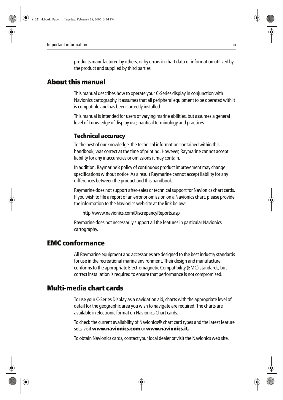 About this manual, Emc conformance, Multi-media chart cards | Raymarine C Series User Manual | Page 5 / 244