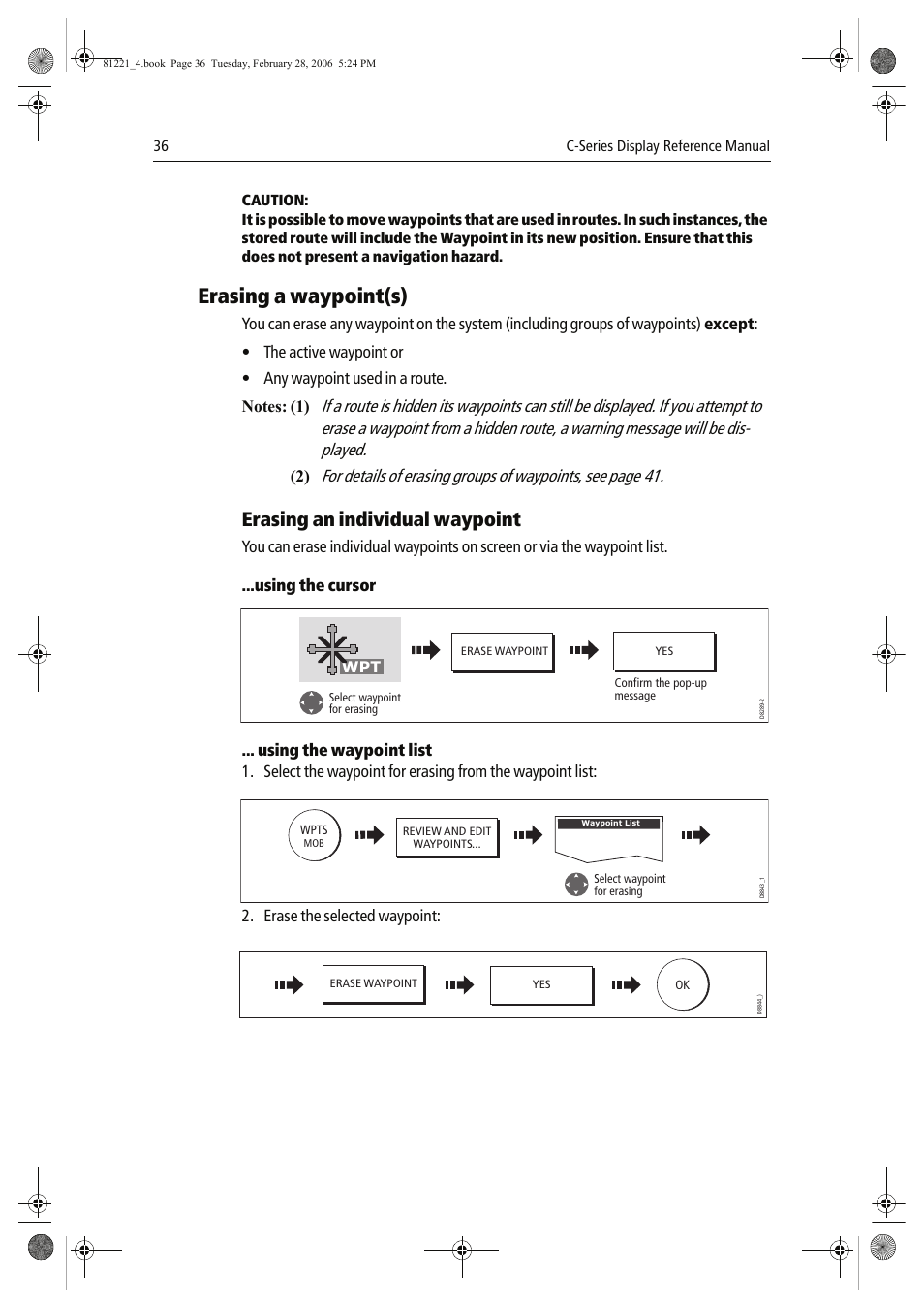 Erasing a waypoint(s), Erasing an individual waypoint, Erase the selected waypoint | Raymarine C Series User Manual | Page 50 / 244